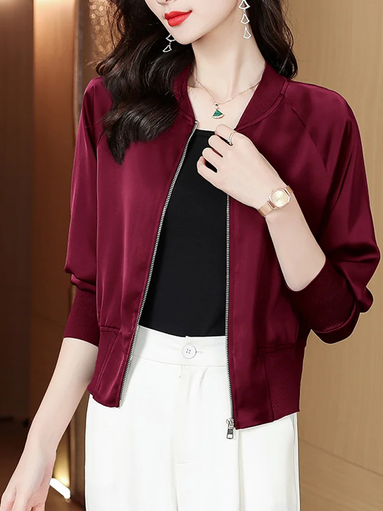 Fashion Satin Jacket Women 2023 Long Sleeve Casual Bomber Thin Short Coats Female Sunscreen Outwear Tops Elegant Clothing