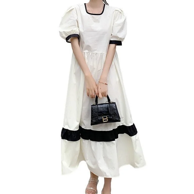 

Summer Vintage Puff Sleeve Pullovers Long Dress Ladies Fashion Patchwork Dresses Temperament Solid Color Women's Clothing 2024