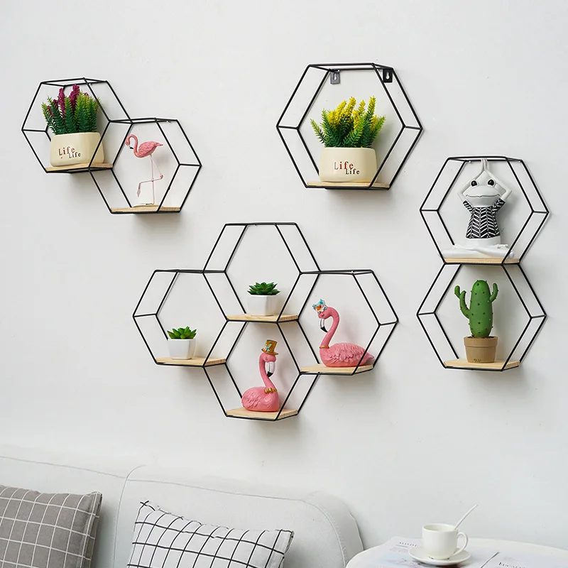 Nordic Style Iron Wall Shelf Decoration Wall Mounted Hexagonal Iron