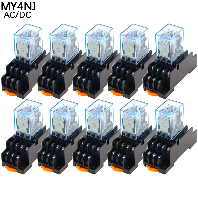 Põe o Relé com Base do Soquete Relé de Tempo Trilho do Ruído My4nj C.c. 12v 24v 36v 48v 110v 220v Bobina 5a 4no 4nc Pin 14 10 Peças