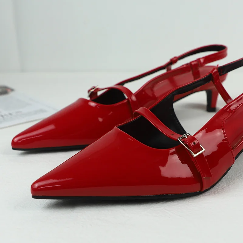 Summer Red Patent Leather Pointed Toe Slingback Sandals for Women Low Heel Design Offers Wear Strap Buckle Trendy Fashion Shoes