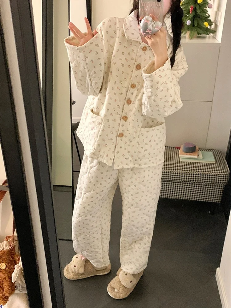 Thiened Cotton Spwear Set for Women Winter Sweet Floral Print Long Sve Long Pants Home Clothes Warmth Guaranteed