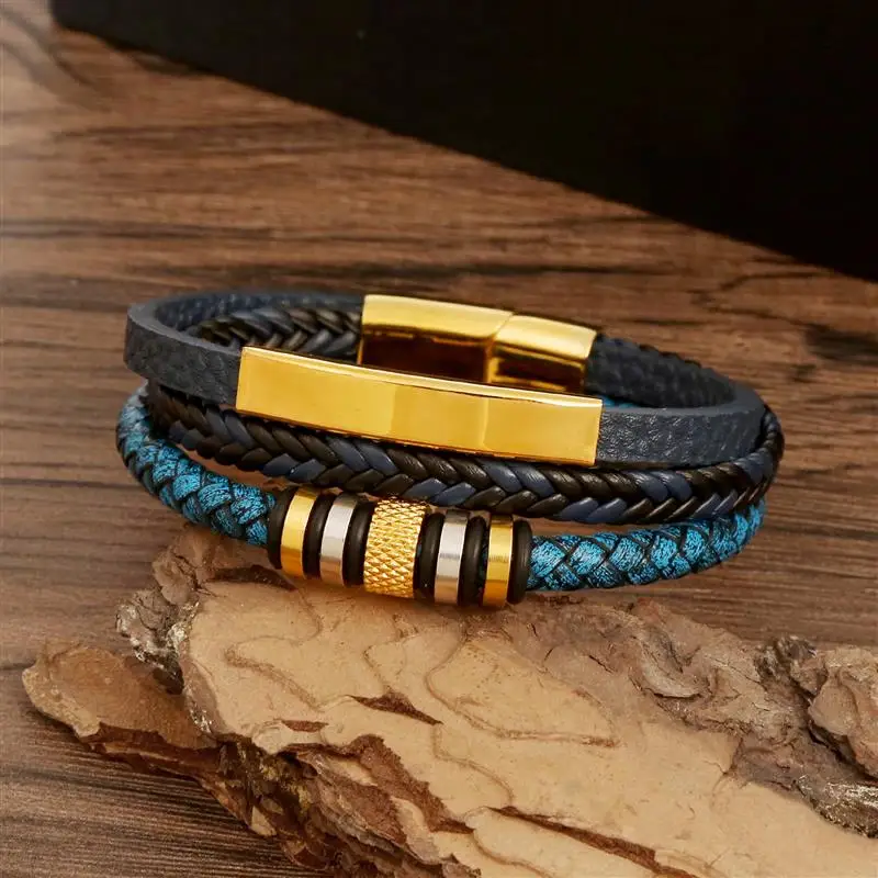 Stainless Steel Beaded Leather Bracelet for Men Classic Multilayer Braided Bracelet Punk Bangles Fashion Jewelry leather bracelet stainless steel bracelet charm bracelet