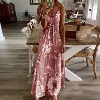 Plus Size Lady Spring Summer Women Dress Floral Print V-Neck Long Dresses Casual Bohemian Sleeveless Beach Party Dress For Women 1