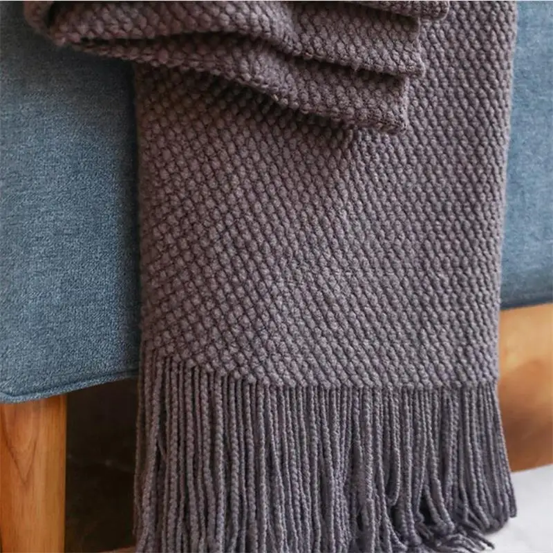 Nordic Knitted Blanket on the Bed Sofa Plaid Travel Nap Blankets Solid Color Soft Winter Air Conditioning Blanket with Tassels 6