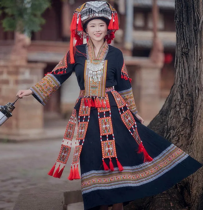 Guangxi Yao Ethnic Clothing Minority Woman Outfit Festival Costume Ancient City Travel Photography Yao Traditional Dance Set