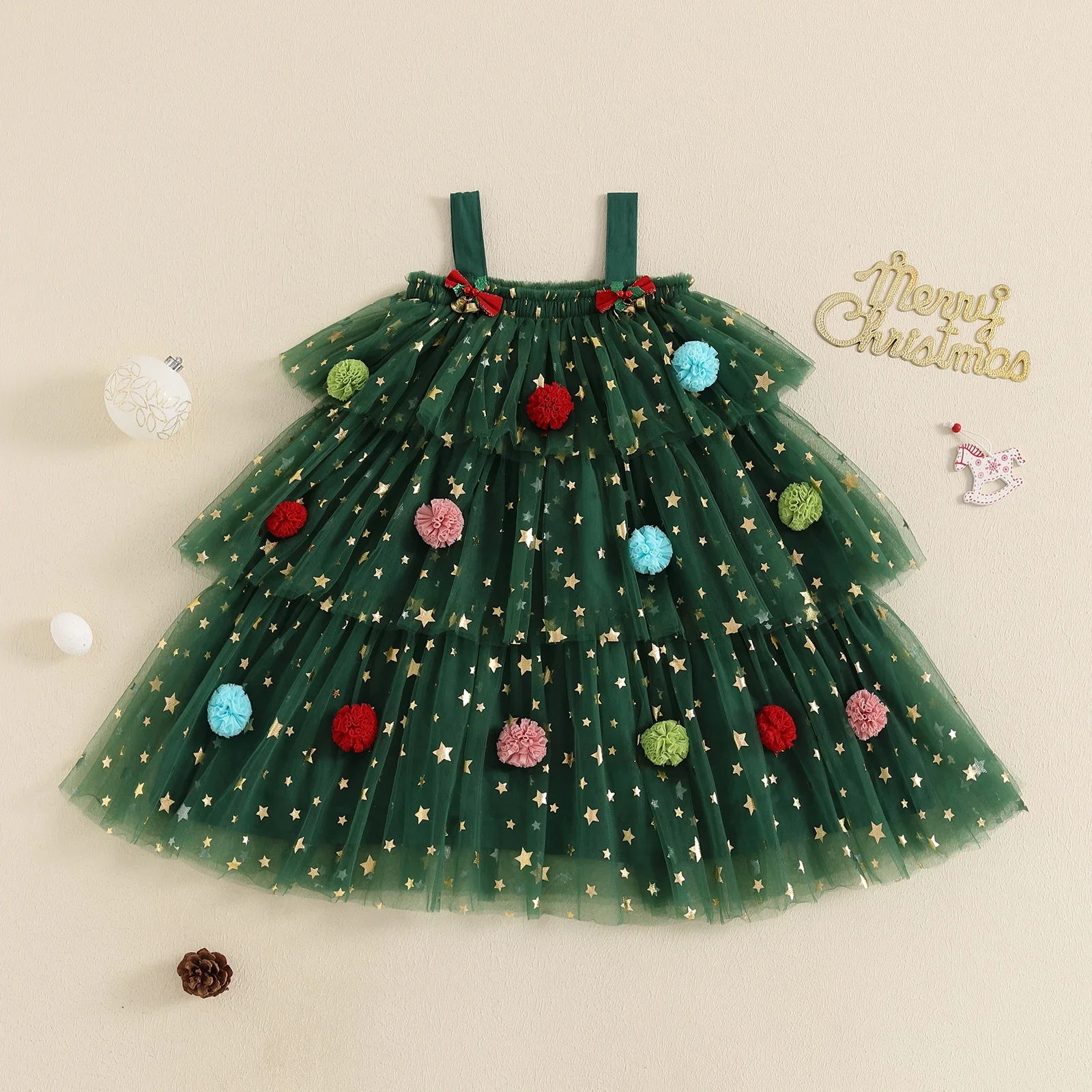 Girls Dress Kids Christmas Sleeveless Star Print Lace Tulle