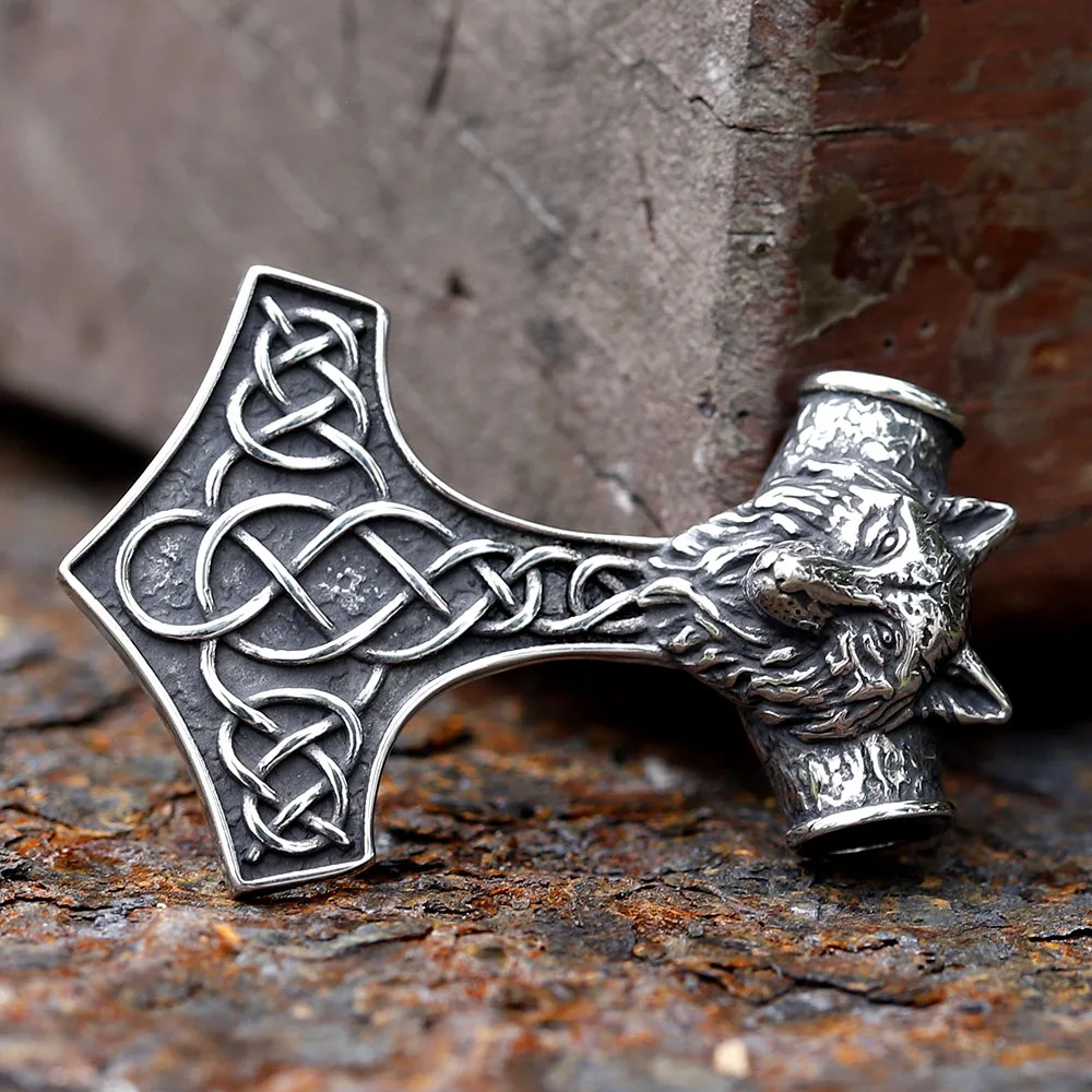 2024 Thor's Hammer Mjolnir Scandinavian Rune Amulet Design Stainless Steel Men's Pendant Viking Wolf Pendant Animal Jewelry