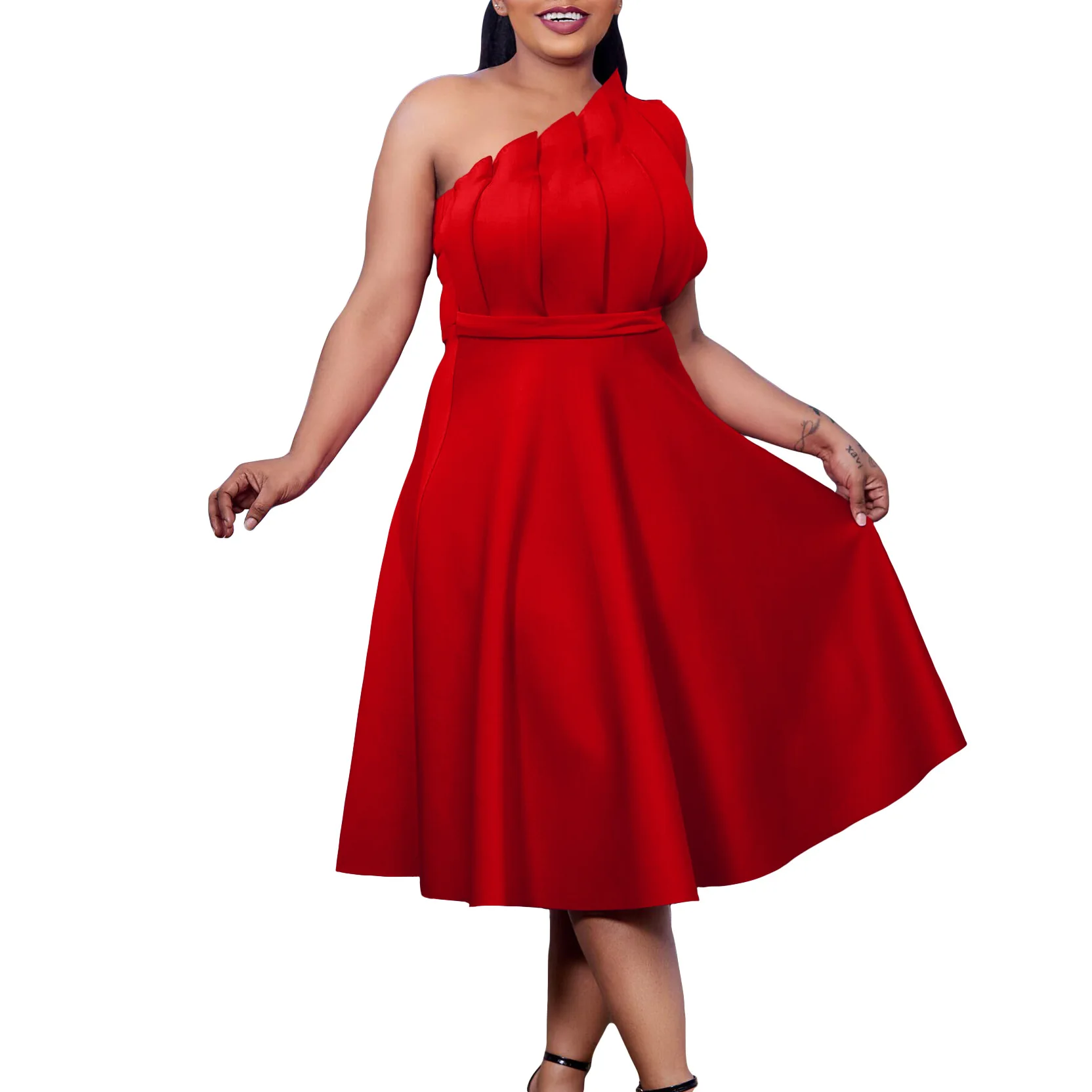

Women's fashion temperament solid color sexy high-waist pleated party dress