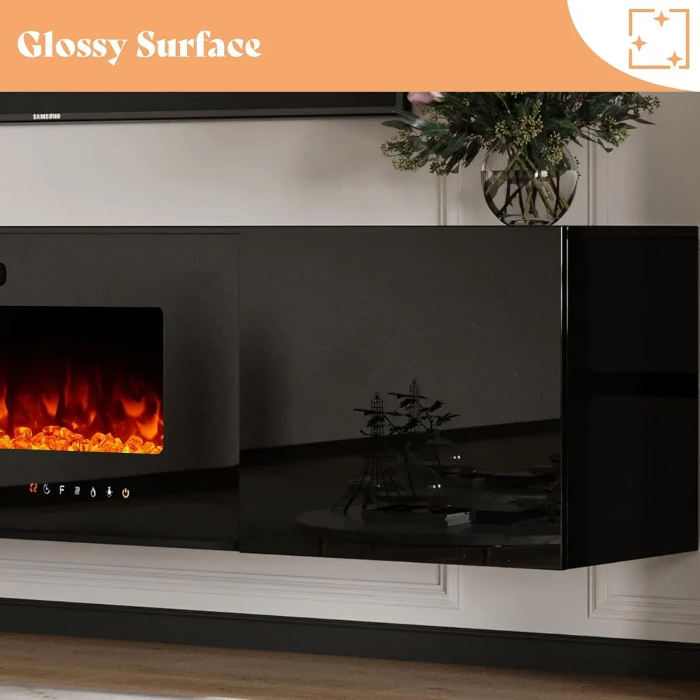 Floating Fireplace TV Stand, Wall Mounted Mirrored Center 40" Electric Fireplace, LED Lights Media Console TVs Up to 90" 4