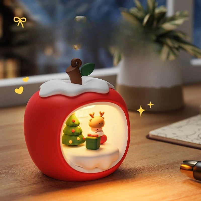 Christmas Apple Night Light - USB Rechargeable Cat Companion Sleep Lamp | Bedroom Decor Home Gift Ambient Lighting Convenient