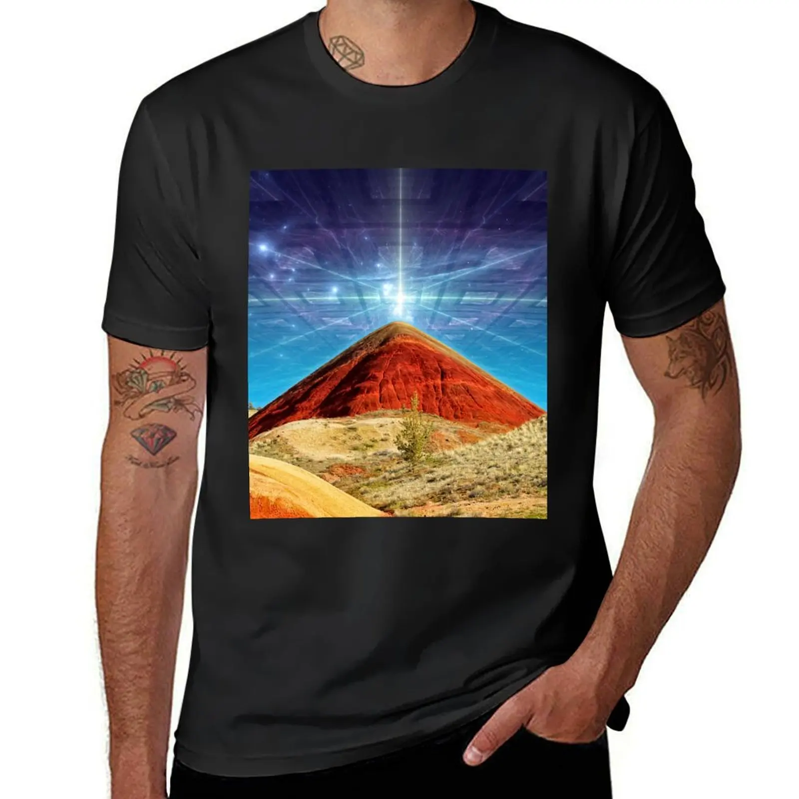 

Celestial Portal Beam with Geometrical Pattern T-Shirt plain summer top t shirt men