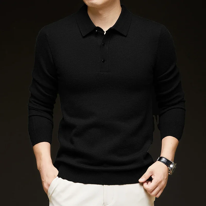 Men's Autumn Winter Lapel Wool Knitted Sweater Long-Sleeved Solid Color Thickened Polo Shirt Bottoming Layering Top 4