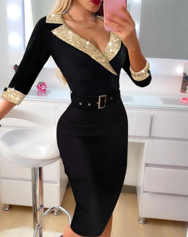 

Contrast Sequin Eyelet Buckled Elegant Bodycon Dress for Women Temperament Commuting Women's Fashion Midi Skinny Blazer Dresses