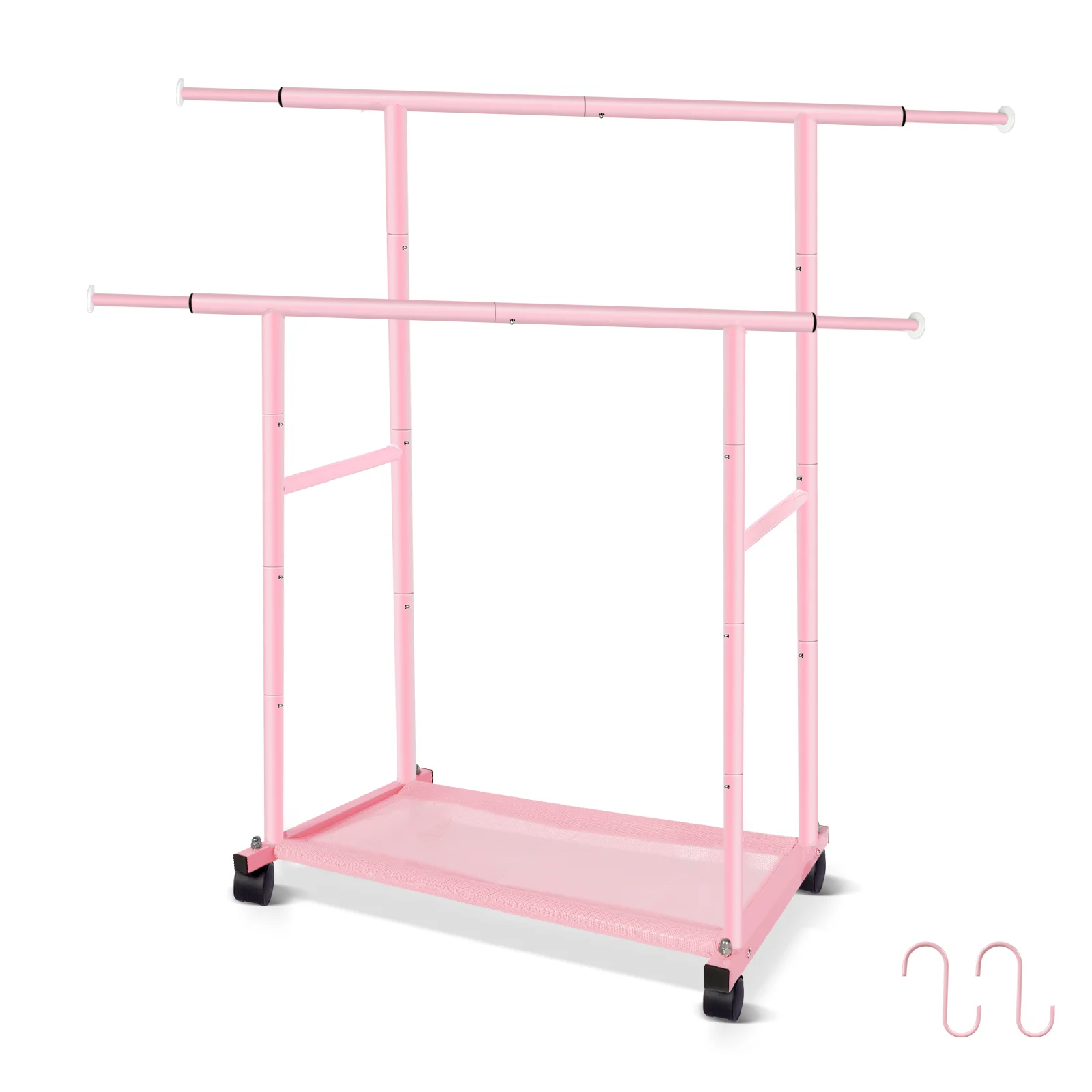 Pink Double Rod Storage Supplies Cute Standard with Net Rolling Clothes Rack Metal Load Bearing Clothing Rack