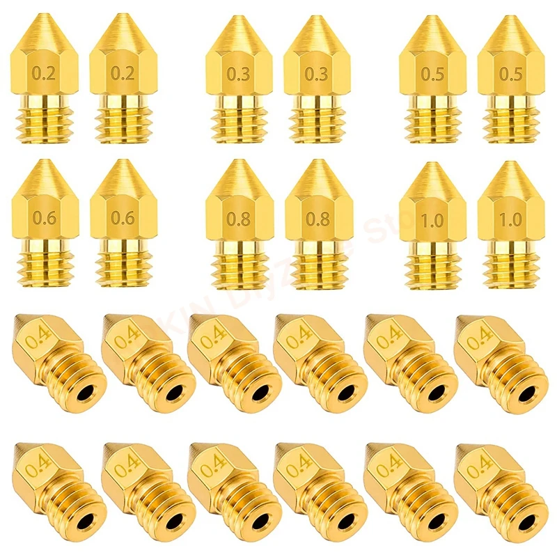 

24Pcs 0.4 mm MK8 3D Printer Brass Extruder Nozzles 0.2mm, 00.3mm, 0.5mm, 0.6mm, 0.8mm, 1.0mm for Makerbot, Creality CR10, Ender3