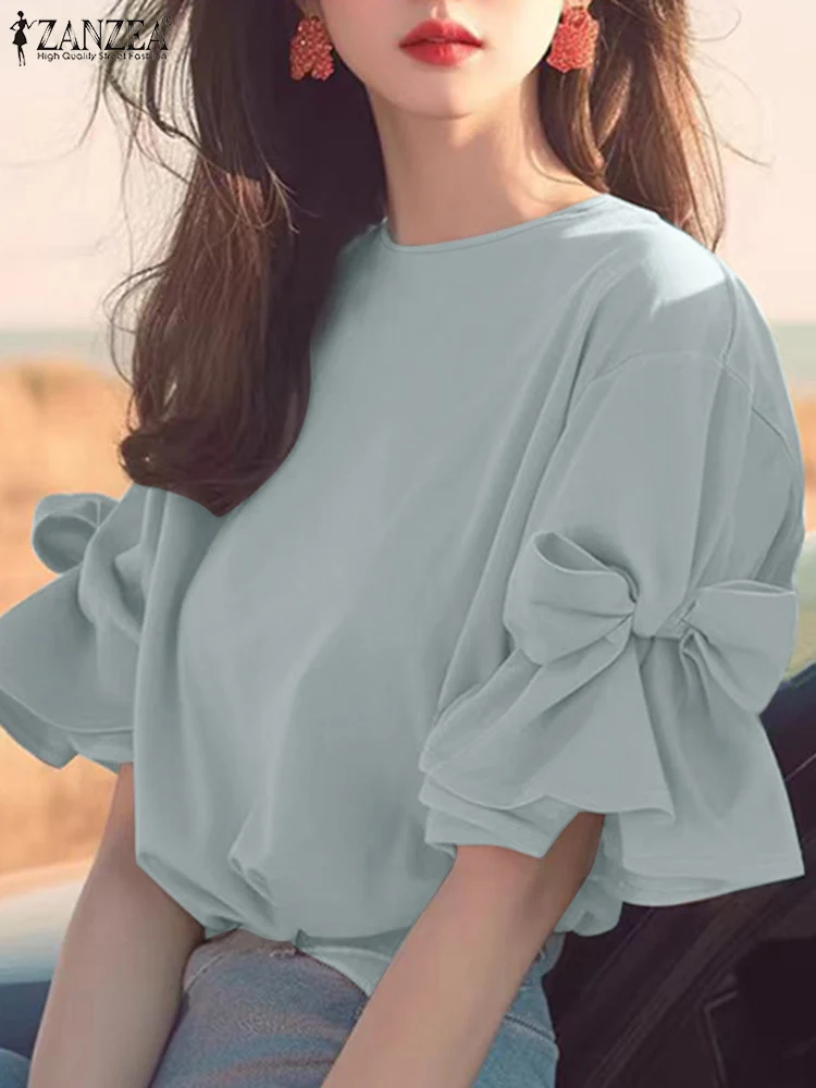 ZANZEA Women Korean Ruffles Chiffon Blouse Autumn Elegant Lantern Short Sleeve Tops Spring Shirt Vintage Bow Tie Patchwork Tunic 1