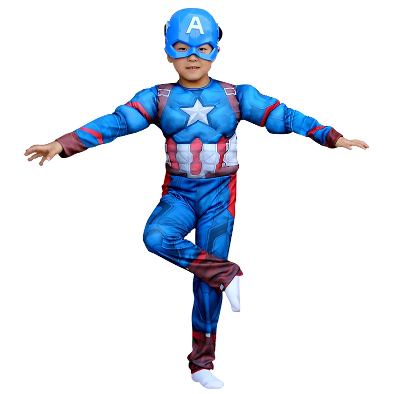 Kids Superhero Muscle Chest Captain America Hulk Iron Man Spider Jumpsuit Cosplay Costume Attached Mask Bodysuit Mask Props