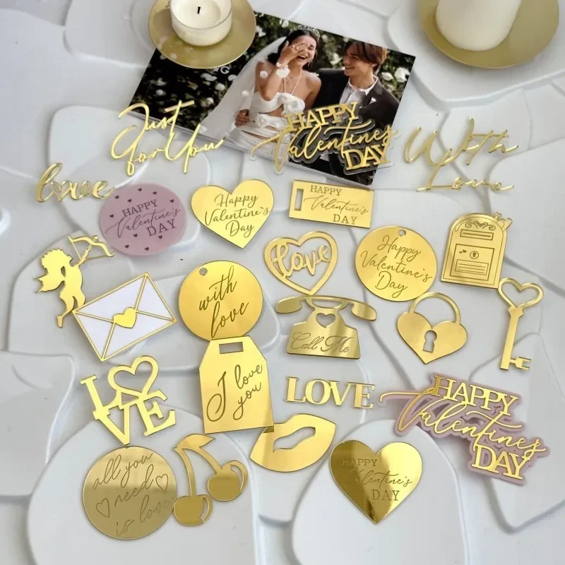 

8/10Pcs Gold Color ins Style Valentine's Day Cupcake Decoration Marking Wedding Acrylic Cake Topper Decoration Love Letters Flag