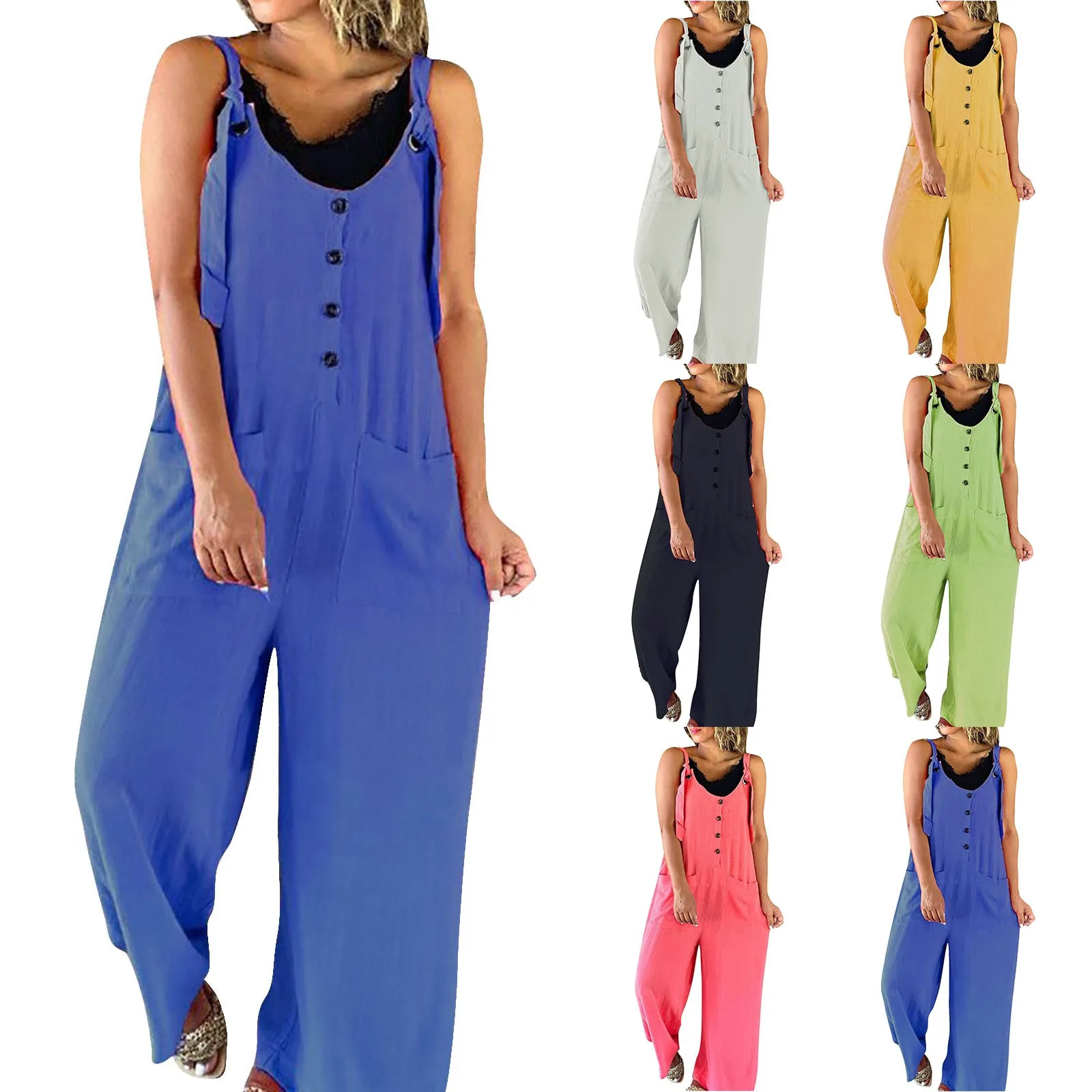 

Ladies Casual Solid Color Sleeveless Loose Pocket Casual Fashion Cotton And Linen Jumpsuit Jumpsuit