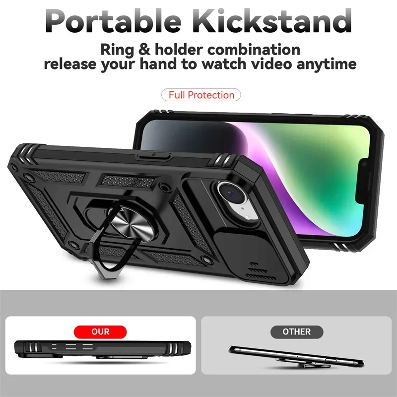 Premium Shockproof Armor Case with Slide Lens Protection and Ring Holder