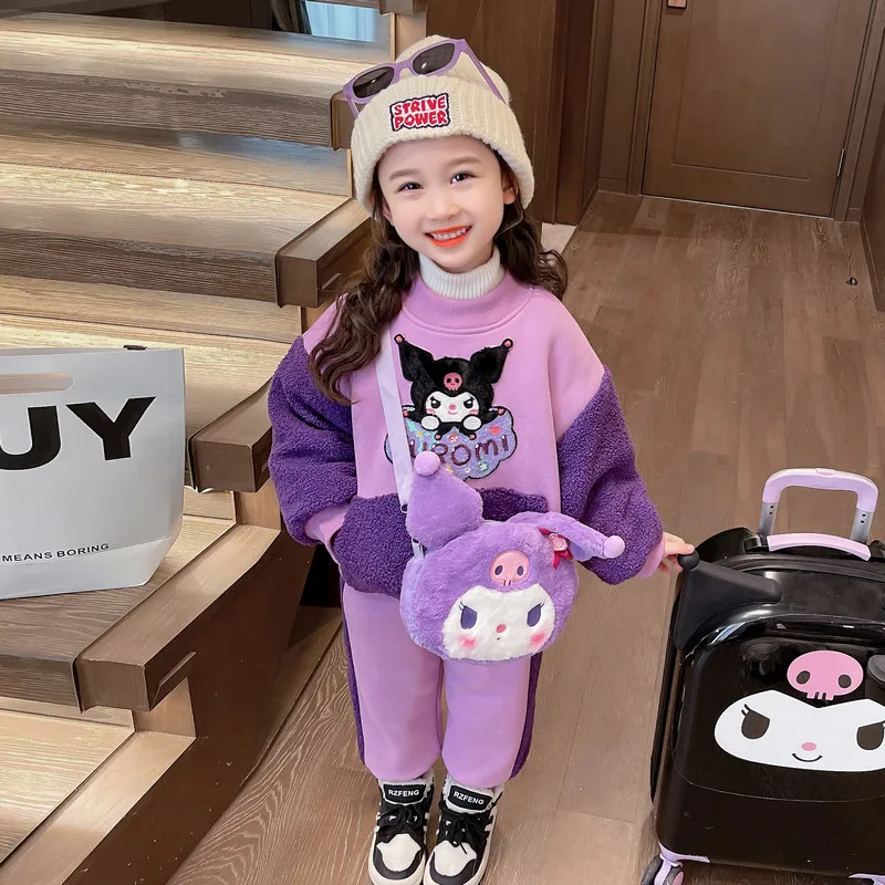 

Kawaii Sanrio Kuromi детский хлопковый свитер и штаны мультфильм зимняя плюшевая утепленная Домашняя одежда наборы для девочек рождественские подарки