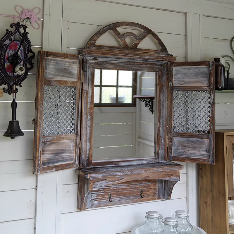 Farm Style Vintgae Wooden Decorative Window Mirror with Floating Shelf