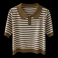 Ice Silk Mid-sleeved Women's Sweater Summer Short Striped Lapel Fashionable High-end Shirt Polo Shirt T-shirt Top - Image 5