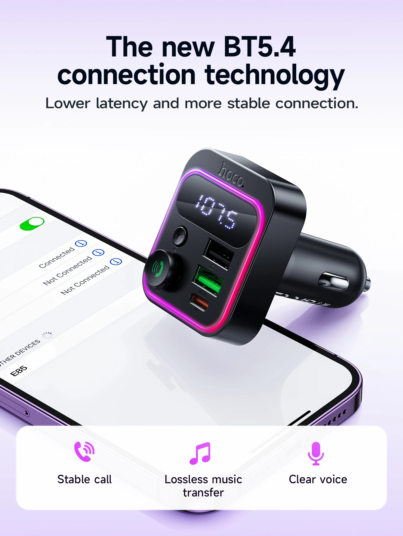 HOCO E85 20W Bluetooth 5.4 Car FM Transmitter with PD20W & QC3.0