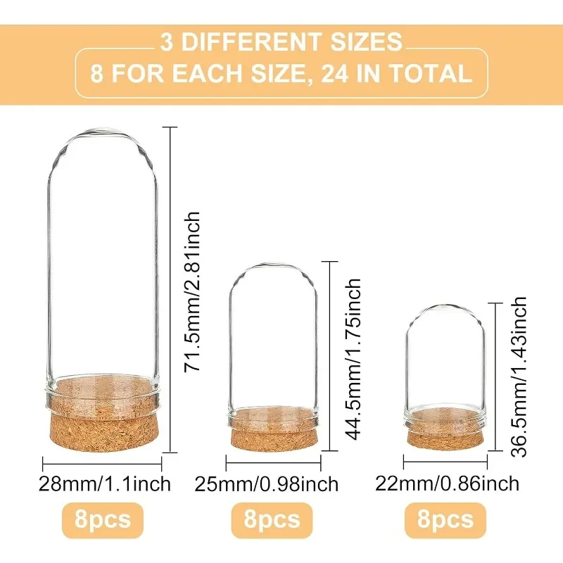 Glass Bottles 24 Pack 3 Mixed Size Dome Cloche Cover Decoration with Cork Stoppers For Party Favors Arts