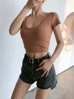 U-Neck Crop Top Solid Color Women Casual High Waist T Shirt Basic Sexy Streetwear Short Sleeve Slimming - Image 4