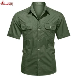 Summer Streetwear Men's Button Pure Cotton Military Polo Dress Shirt Men Short Sleeve Business Casual Golf Cargo Shirts Clothing