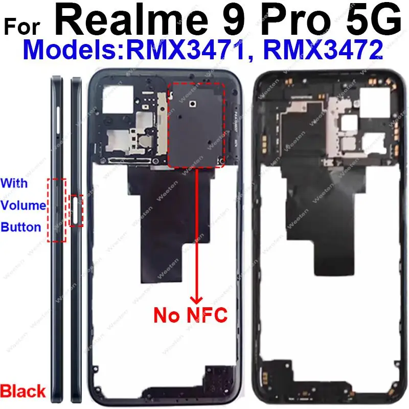 Realme 9 Pro RMX3471 RMX3472 후면 커버 배터리 도어 하우징 베젤, 측면 버튼, 흑연 종이 부품