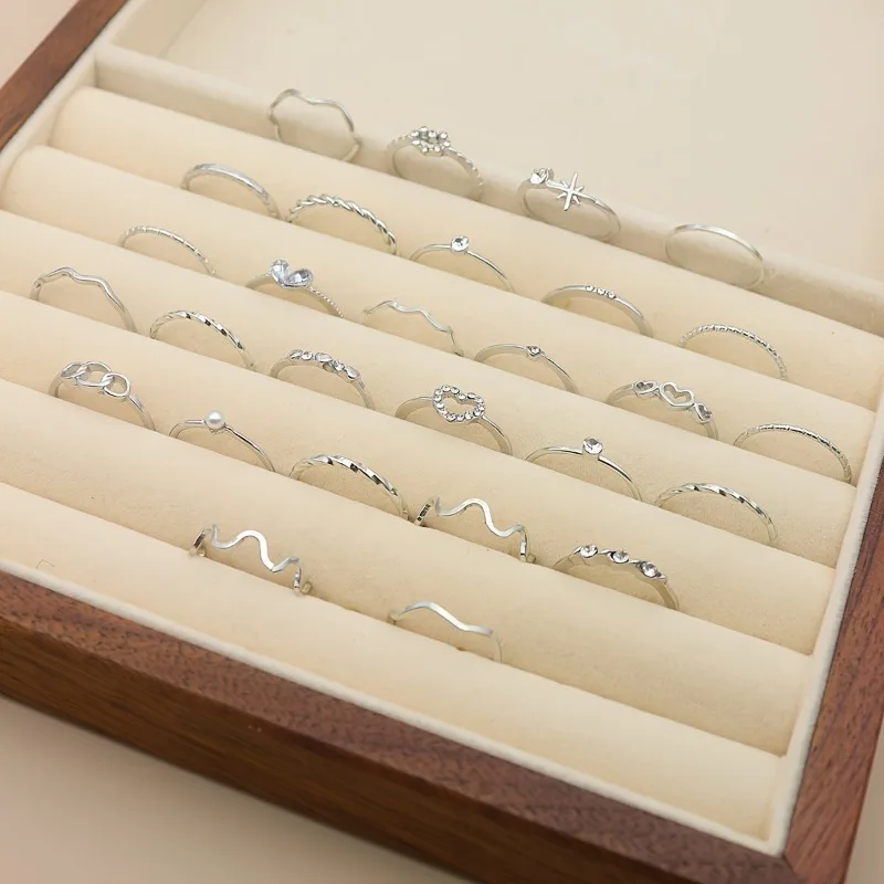 مجموعة حلقات التراص مكونة من 28 قطعة - زنك أنيق مع زركونيا مكعبة للنساء، مثالية للارتداء اليومي والحفلات