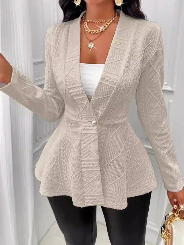 New Jacquard Texture Women's Waist Long-sleeved Blazer Fashionable Women's Office One-button Elegant Casual Cardigan Top