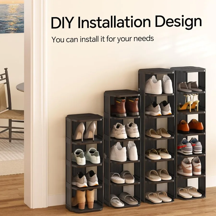 Stackable 16Tier Shoe Rack for Closet Entrance Tall Narrow Vertical Shoe Stand Plastic Free Standing Ideal for Small Spaces