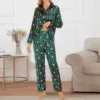 Women Satin Pajamas Cozy Lounge Set Winter Long Sleeve Buttons Lapel Top & Pants Loungewear 2 Piece Sleepwear Button-Down Pj Set 3