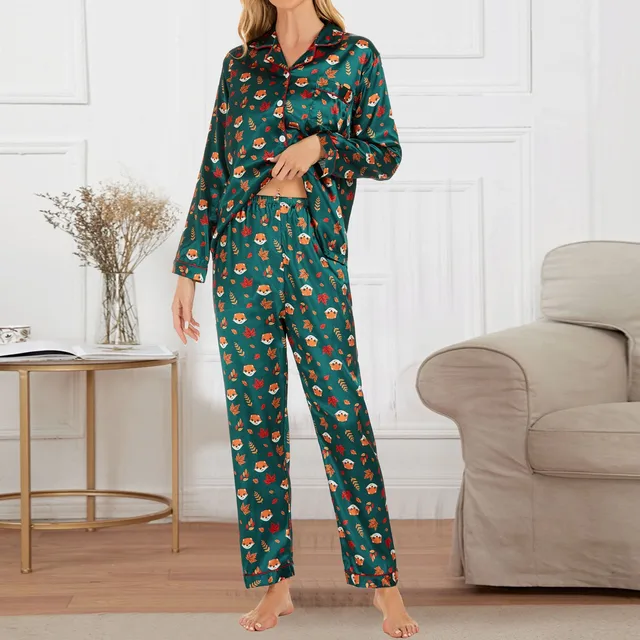 Women Satin Pajamas Cozy Lounge Set Winter Long Sleeve Buttons Lapel Top & Pants Loungewear 2 Piece Sleepwear Button-Down Pj Set 3