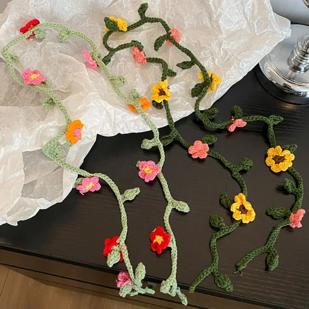 Cool Wool Knitted Scarf Handmade Crocheted Korean Style Rose Flower Shawl Harajuku Style Ribbon Knit Headband Ladies