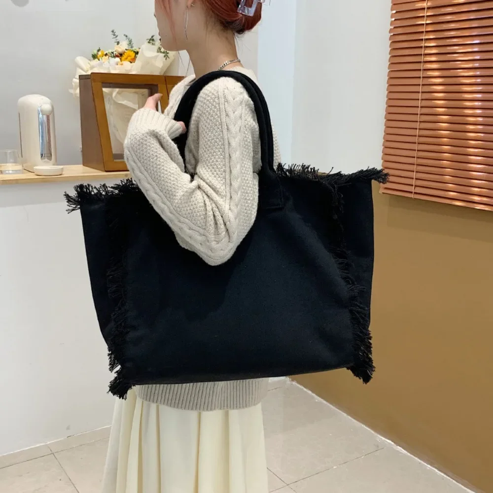 Vegan Canvas Tote Bags Women Fashion Versatile Tassels Shoulder Bag Female Casual Simple Large Capacity Handbag Girls School Bag
