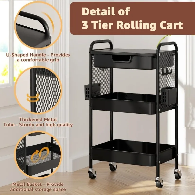 3 Tier Rolling Cart with Drawer, Metal Rolling Utility Cart on Wheels with Pegboard, Art Cart Storage Organizer with Tabletop 5