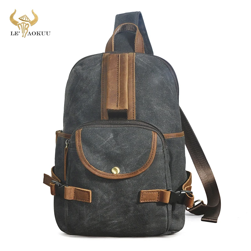 

Canvas+Crazy Horse Leather Triangle Cross-body Chest Sling Bag Design Travel One Shoulder Strap Bag Daypack For Men Male 3028