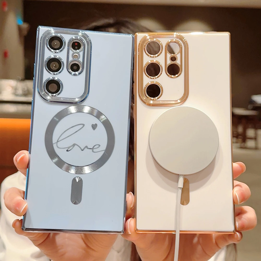 Placcatura carino per custodia di ricarica wireless magnetica Magsafe per Samsung Galaxy S23 Ultra S22 S21 Plus Love Heart Cover in silicone morbido_voghion.com