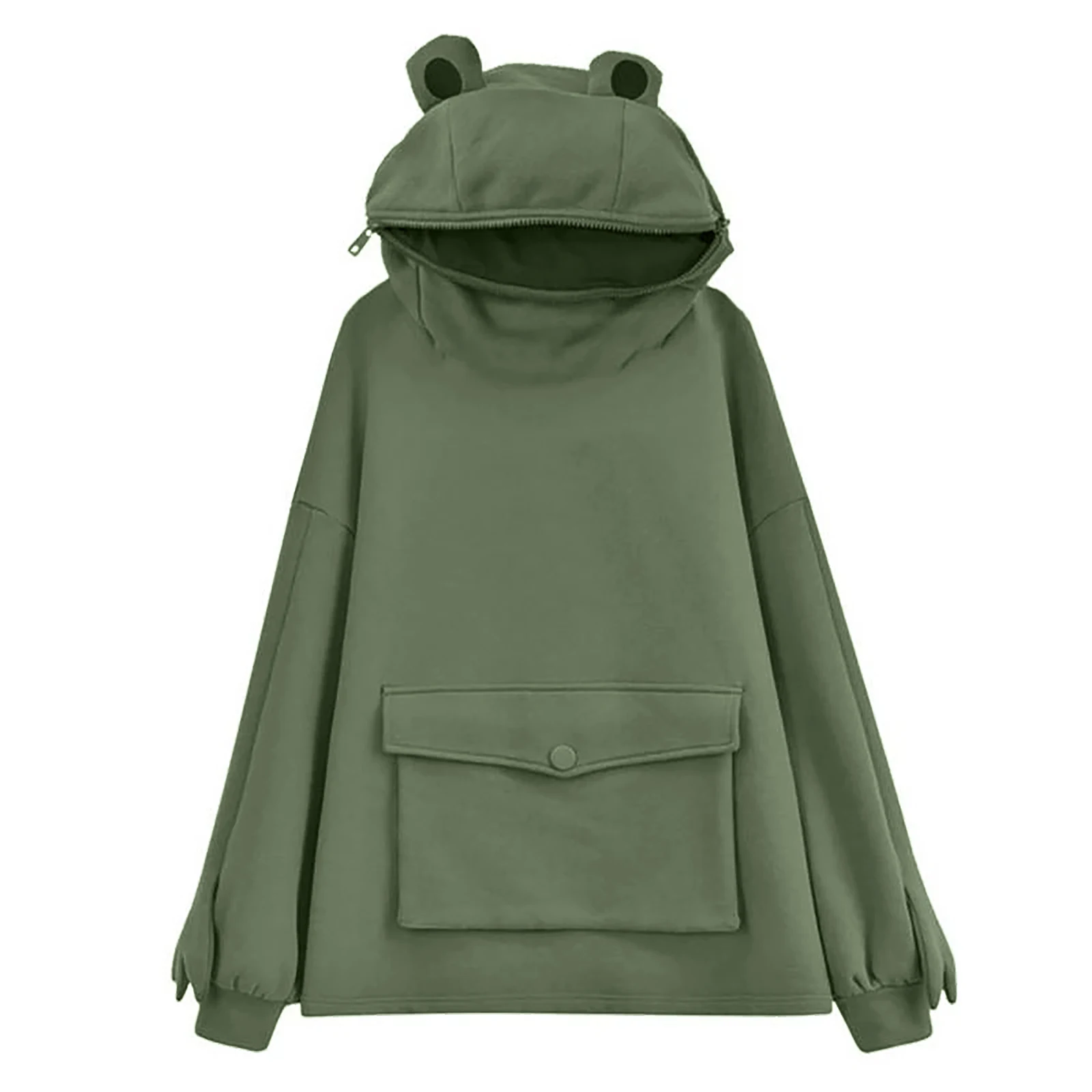 

Women Novelty Frog Hoodie Cute Long Sleeve Solid Color Hooded Sweatshirt with Flap Pocket Lazy Style Simple Coat