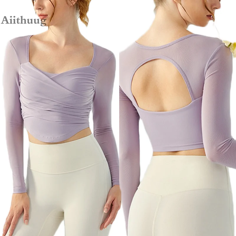 

Aiithuug Yoga Bras Build-in Cup Sexy Mesh Gym Long Sleeve Breathable Yoga Shirts Hollow Out Back Sexy Waist Crops Gym Workout