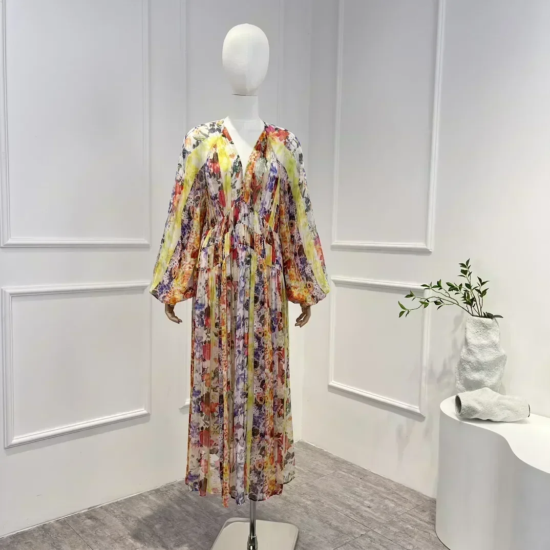 

Женское винтажное платье-миди с цветочным принтом и длинным рукавом-фонариком