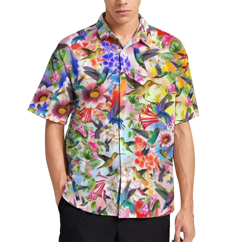 thumbnail image 1 of Camisas hawaianas con estampado 3D de pájaros, flamencos y loros para hombre, camisa de playa para vacaciones, blusa de solapa de manga corta a la moda, ropa de calle, 1 of 5