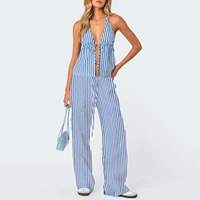 Pantalon à rayures et dos nu pour femme, tenue d'été à la mode, col licou, pantalon à jambes larges, ensemble de vêtements 2 pièces 1