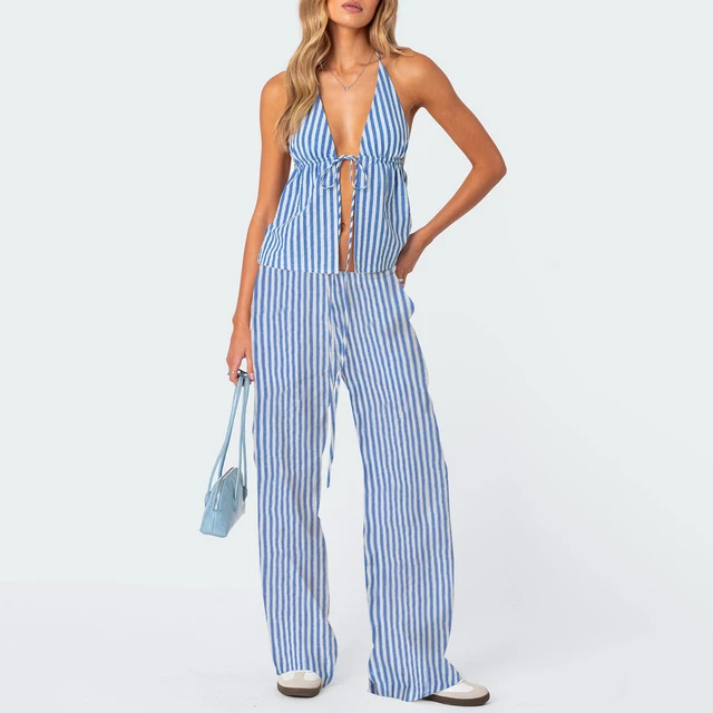 Pantalon à rayures et dos nu pour femme, tenue d'été à la mode, col licou, pantalon à jambes larges, ensemble de vêtements 2 pièces 1