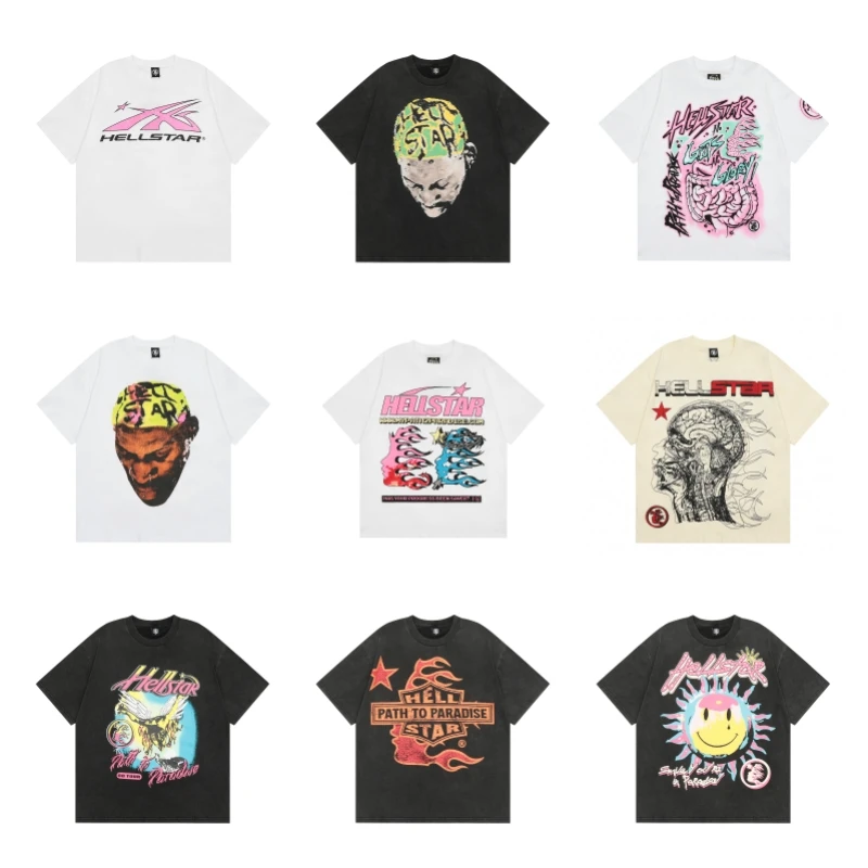 

Summer Mens T-shirt Printed Logo Vintage High Street Loose Casual Tops High Quality Mens Womens Hellstar Short Sleeve T-shirt
